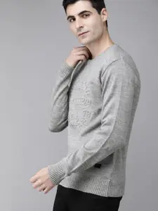 Roadster Men Grey Melange Self Design Pullover Sweater
