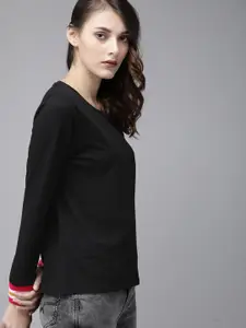 Roadster Women Black Solid Round Neck Pure Cotton T-shirt
