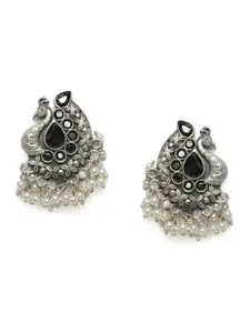 Binnis Wardrobe Silver-Toned & Black Peacock Shaped Pearl Studs