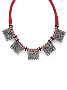 Binnis Wardrobe Silver-toned & Red  Silver-Plated Handcrafted Tribal Tassel Necklace