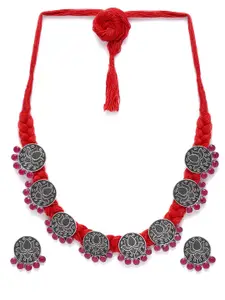 Binnis Wardrobe Women Silver-Toned & Red Lotus Pendant Oxidised Jewllery Set