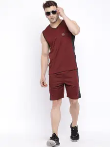 Chkokko Men Maroon Solid V-Neck Dri-FIT T-shirt