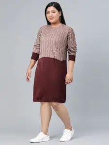 Roadster Women Mauve & Burgundy Colourblocked Cable Knit Jumper Dress