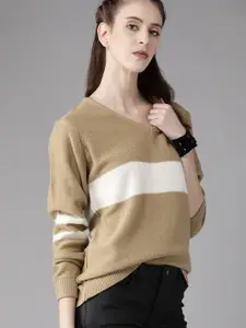 Roadster Women Beige & White Colourblocked Pullover