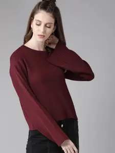 Roadster Women Maroon Ribbed Pullover Sweater