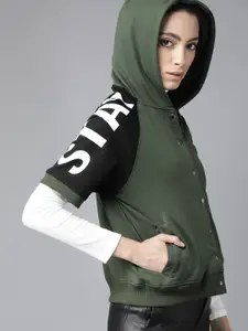 Roadster Women Olive Green Solid Hooded Sweatshirt