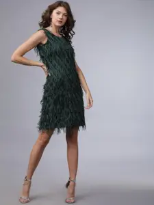 Tokyo Talkies Women Green Self Design Fringed Sheath Dress