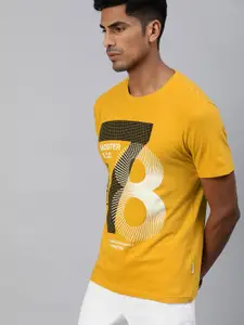 Roadster Men Mustard Yellow  White Printed Round Neck Pure Cotton T-shirt