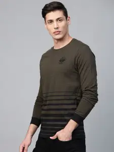 Roadster Men Olive Green & Black Striped Round Neck T-shirt