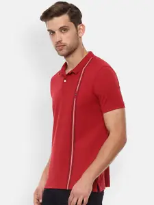 Louis Philippe Sport Men Red & White Striped Slim Fit Polo Collar T-shirt