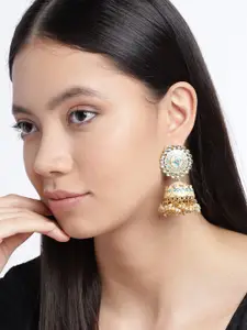 Zaveri Pearls Turquoise Blue Gold-Plated Kundan-Studded Enamelled Dome-Shaped Jhumkas