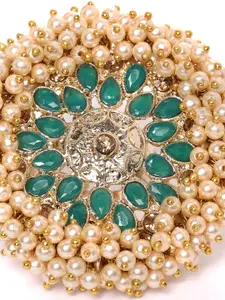 Zaveri Pearls Green Gold-Plated Stone-Studded & Beaded Adjustable Finger Ring