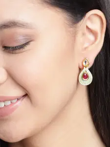 Zaveri Pearls Maroon & Mint Green Gold-Plated Teardrop Shaped Kundan-Studded Drop Earrings