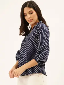 Style Quotient Women Navy Blue & White Chevron Print Regular Top