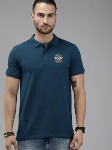 Roadster Men Teal Blue Solid Polo Collar Pure Cotton T-shirt with Embroidery