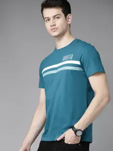 Roadster Men Teal Blue Striped Detail Round Neck Pure Cotton T-shirt