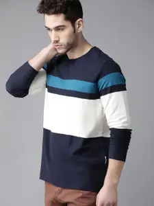 Roadster Men Blue Colourblocked Round Neck Pure Cotton T-shirt