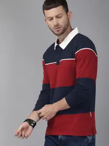 Roadster Men Navy Blue  Red Colourblocked Polo Collar Pure Cotton T-shirt