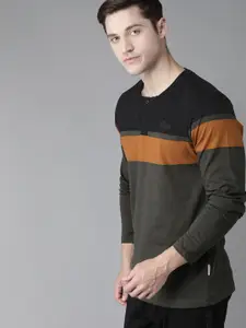 Roadster Men Olive Green Pure Cotton Colourblocked Henley Neck T-shirt