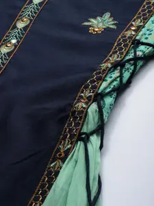 Ishin Women Blue & Sea Green Embroidered Layered A-Line Kurta with Tie-Up Detailing