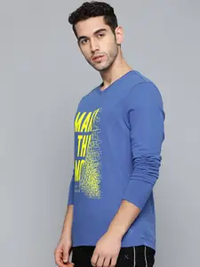 HRX by Hrithik Roshan Men Blue  Yellow Printed Rapid-Dry Antimicrobial Lifestyle Pure Cotton T-shirt