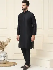 SOJANYA Men Black & Teal Blue Solid Kurta with Churidar & Nehru Jacket