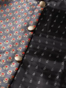 SOJANYA Men Grey & Golden Solid Kurta with Churidar & Nehru Jacket