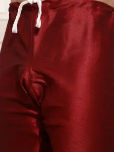 SOJANYA Men Maroon & Charcoal Grey Solid Kurta with Churidar & Nehru Jacket