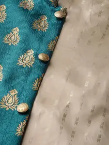 SOJANYA Men Pink & Teal Blue Solid Kurta with Churidar & Nehru Jacket