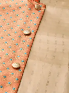 SOJANYA Men Black & Peach-Coloured Solid Kurta with Churidar & Nehru Jacket