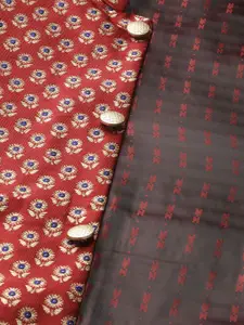 SOJANYA Men Blue & Maroon Solid Kurta with Churidar & Nehru Jacket