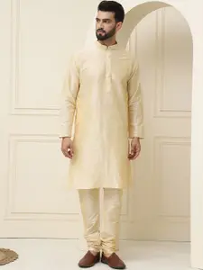 SOJANYA Men Golden & Pink Solid Kurta with Churidar & Nehru Jacket
