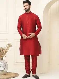 SOJANYA Men Maroon & Pink Solid Kurta with Churidar & Nehru Jacket