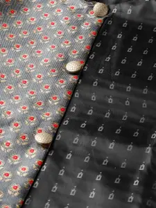 SOJANYA Men Golden & Charcoal Grey Solid Kurta with Churidar & Nehru Jacket