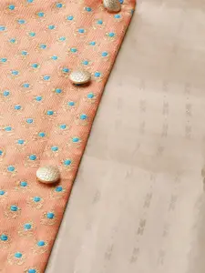 SOJANYA Men Pink & Peach-Coloured Solid Kurta with Churidar & Nehru Jacket