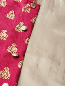 SOJANYA Men Golden & Magenta Solid Kurta with Churidar & Nehru Jacket