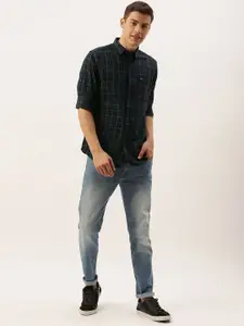 The Indian Garage Co Men Navy Blue & Green Slim Fit Checked Casual Shirt