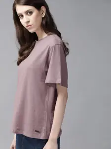Roadster Women Mauve Solid Round Neck Pure Cotton T-shirt