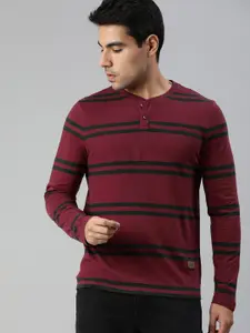 Roadster Men Maroon  Black Striped Henley Neck Pure Cotton T-shirt