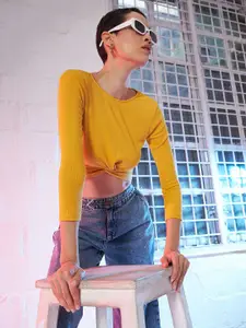 SASSAFRAS Women Mustard Yellow Solid Cropped Twisted Knot Top