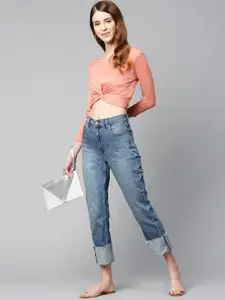 SASSAFRAS Women Peach-Coloured Solid Cropped Twisted Knot Top