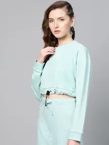 SASSAFRAS Women Sea Green Solid Drawstring Crop Sweatshirt