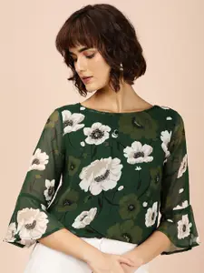 all about you Women Green & Off-White Floral Print Styled Back Top