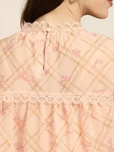 all about you Women Peach-Coloured & Mustard Yellow Floral Printed Detailed Checked Top