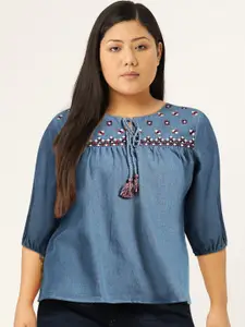 all about you Women Blue Denim Solid Pure Cotton Top