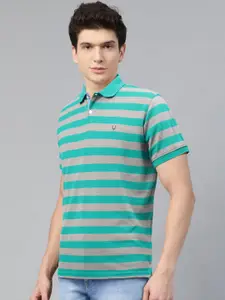Allen Solly Men Green & Grey Striped Polo Collar T-shirt