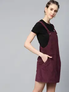 SASSAFRAS Women Burgundy Solid Corduroy Pinafore Dress
