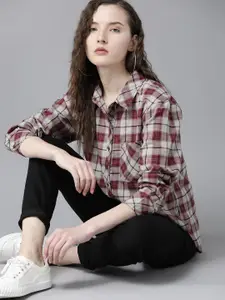 Roadster Women Maroon & Grey Pure Cotton Regular Fit Checked High-Low Casual Shirt