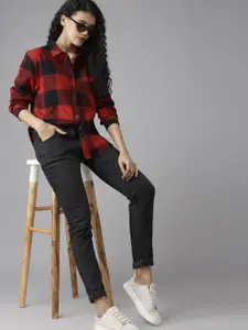 Roadster Women Red & Black Flannel Woven Regular Fit Checked High-Low Casual Shirt