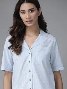 Roadster Women White & Blue Pure Cotton Regular Fit Striped Casual Shirt